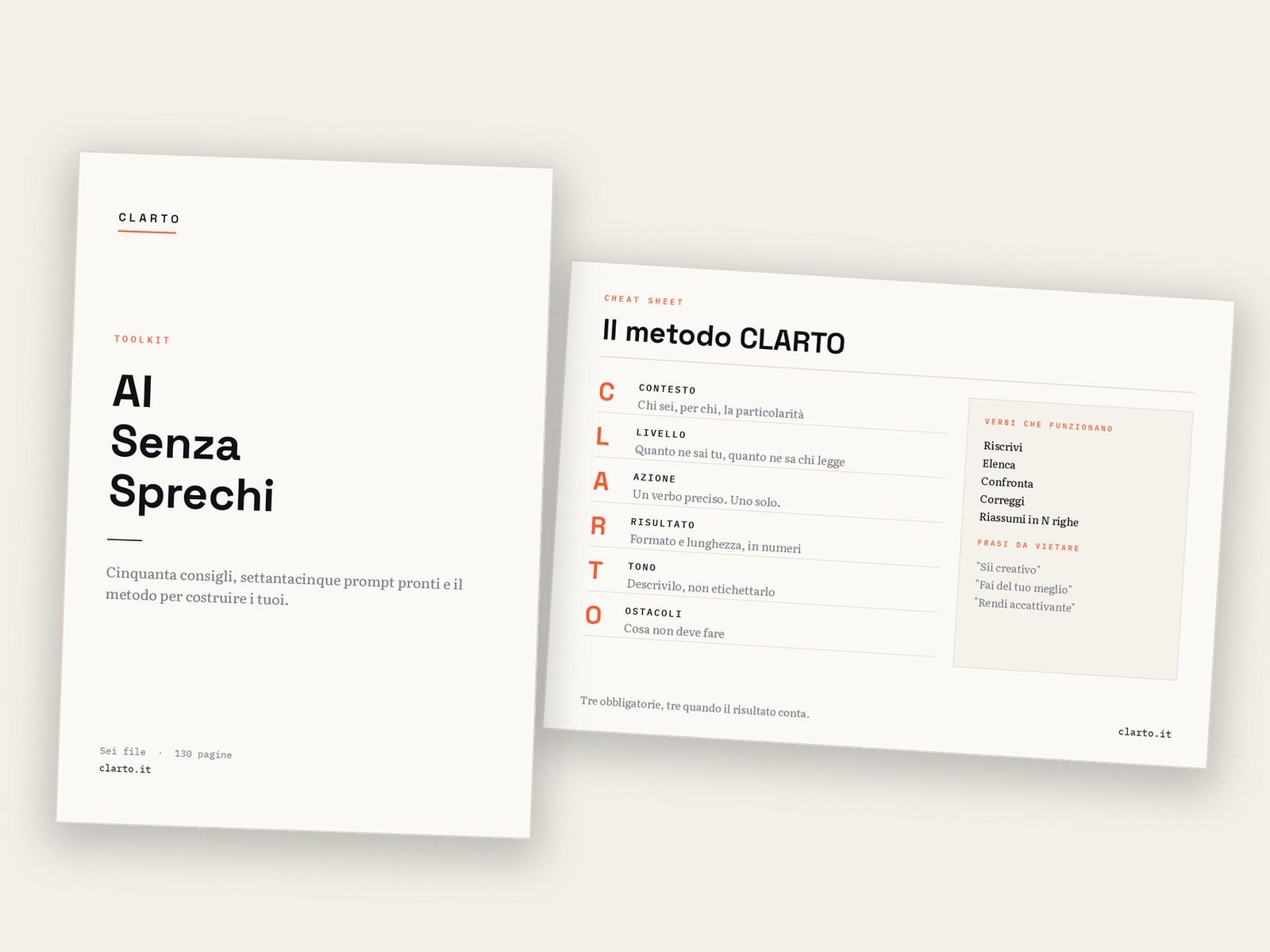 Copertina del toolkit AI Senza Sprechi accanto al cheat sheet del metodo CLARTO